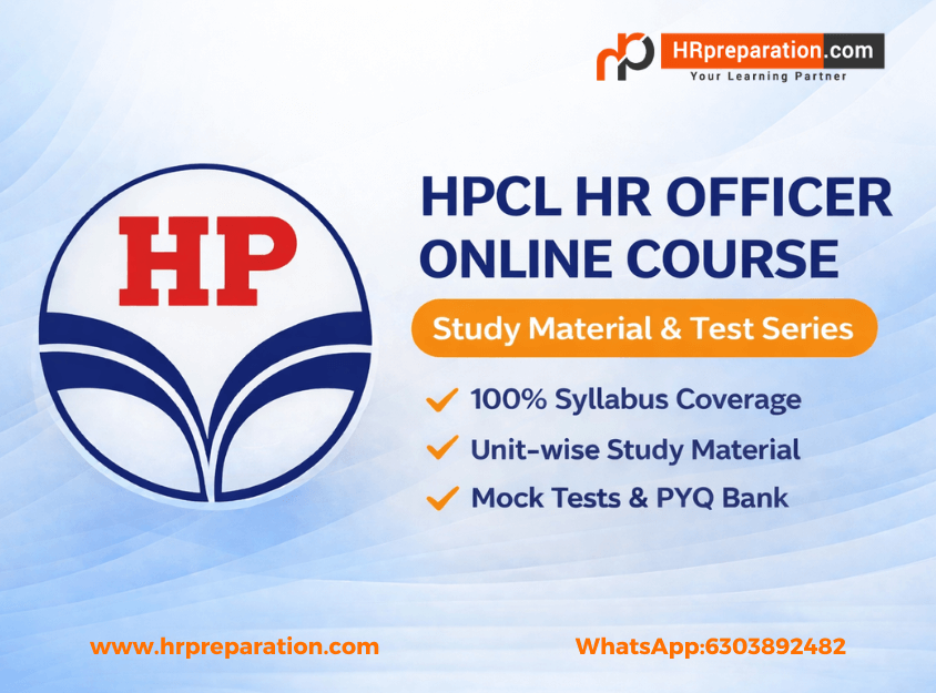 HPCL HR Officer Online Course banner showing study material, test series, and syllabus coverage for HR exam preparation